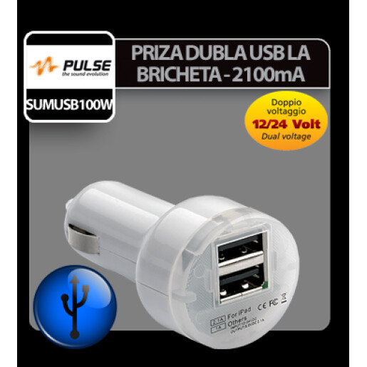 Priza dubla USB la bricheta 12/24V - 2100 mA Pulse - Alb