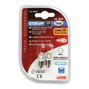 Bec Hyper-Led15 - 5SMD 24/28V T4W soclu metal BA9s 2buc - Alb