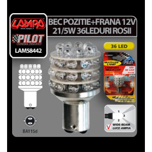 Bec Multi-Led 36Led 12V - P21/5W Pozitie, Frana BAY15d 1buc - Rosu
