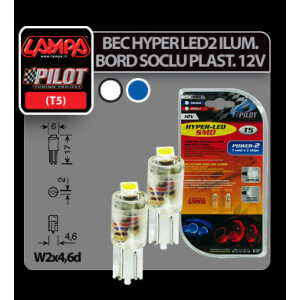 Bec Hyper-Led2 - 1SMD 12V bord soclu T5 W2x4,6d 2buc - Alb