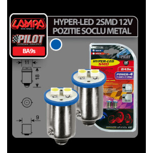 Bec Hyper-Led4 - 2SMD 12V pozitie soclu metal BA9s 2buc - Albast