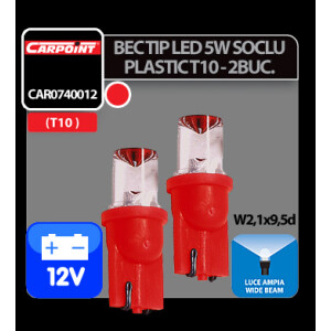 Bec tip LED 12V 5W soclu plastic T10 W2,1X9,5d 2buc Carpoint - Rosu dispersat