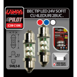 Bec tip LED 24V sofit cu 4 leduri 11x38mm SV8,5-8 2buc - Rosu