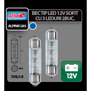 Bec tip LED 12V sofit cu 3 leduri 10x36mm SV8,5-8 2buc - Albastru