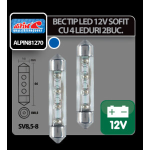 Bec tip LED 12V sofit cu 4 leduri 10x44mm SV8,5-8 2buc - Albastru
