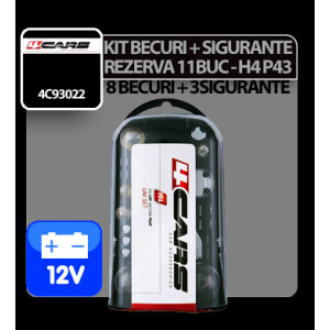 Kit becuri si sigurante 11buc, 12V - halogen H4 P43 4Cars