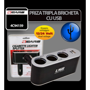 Priza tripla bricheta cu USB 12/24V 4Cars