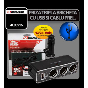 Priza tripla bricheta cu USB si cablu prelungitor 12/24V 4Cars