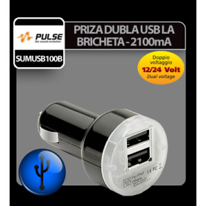 Priza dubla USB la bricheta 12/24V - 2100 mA Pulse - Negru